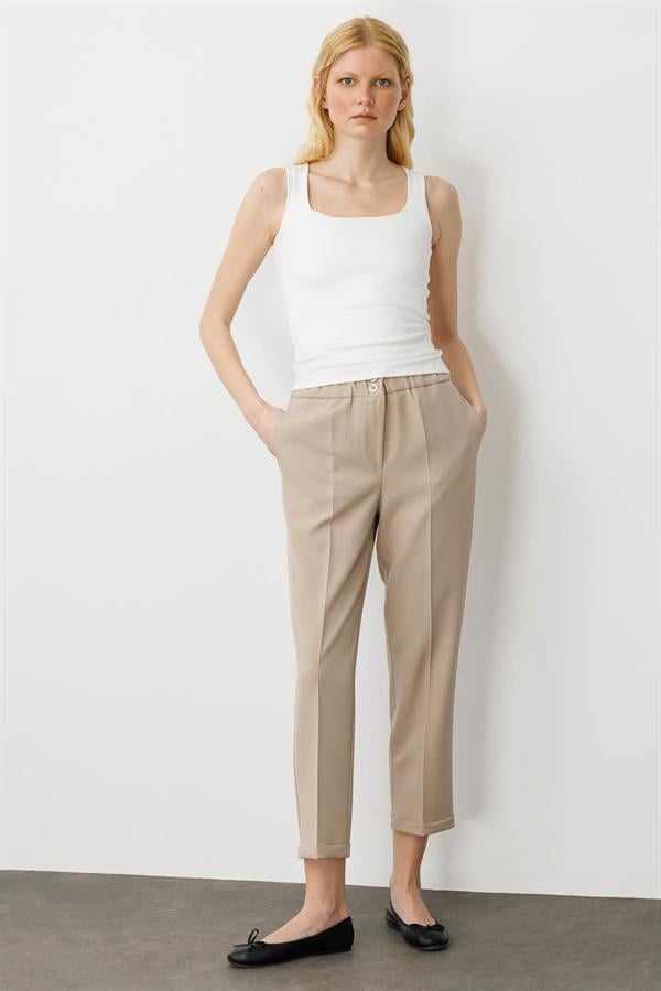 Kadın Kemeri Lastikli Yazlık Kumaş Pantolon Bej