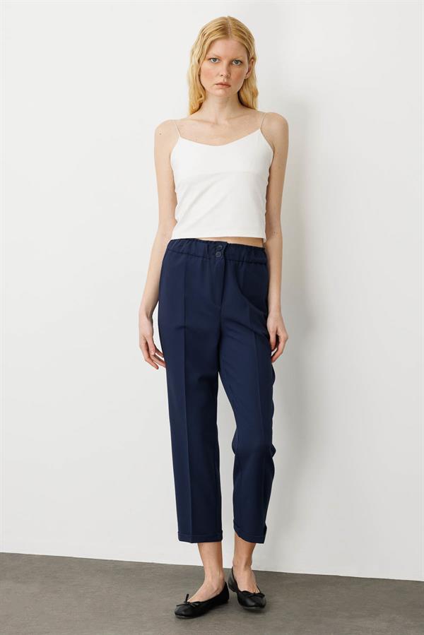 Kadın Kemeri Lastikli Yazlık Kumaş Pantolon Lacivert