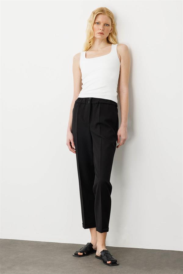 Kadın Kemeri Lastikli Yazlık Kumaş Pantolon Siyah