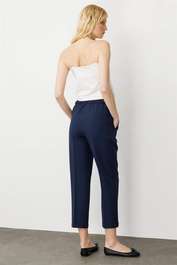 Kadın Kemeri Lastikli Yazlık Kumaş Pantolon Lacivert