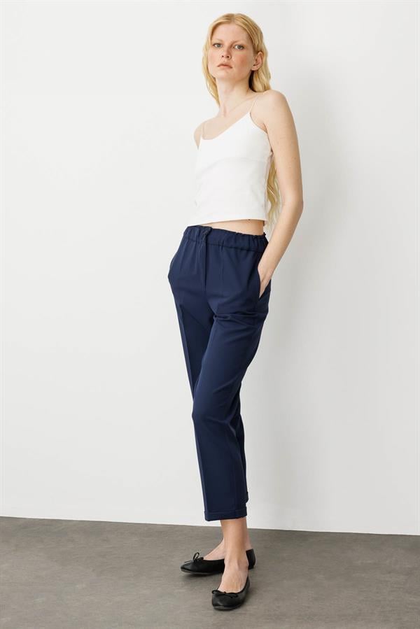 Kadın Kemeri Lastikli Yazlık Kumaş Pantolon Lacivert