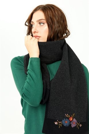 Женский шарф с вышивкой и окантовкой, черный