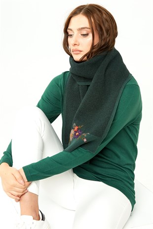 Женский шарф с вышивкой и окантовкой, зеленый 