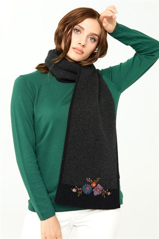 Женский шарф с вышивкой и окантовкой, черный