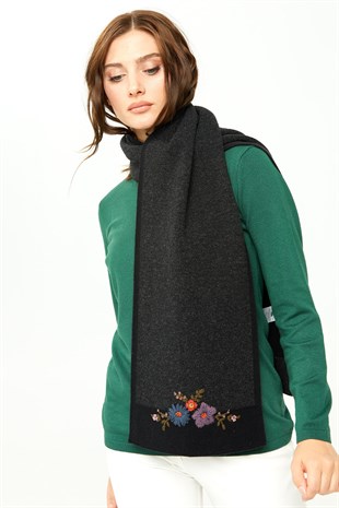 Женский шарф с вышивкой и окантовкой, черный