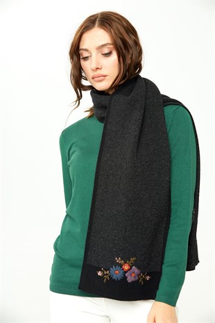 Женский шарф с вышивкой и окантовкой, черный