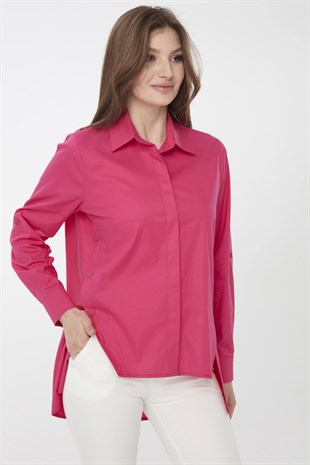 Женская рубашка из хлопка с пуговицами цвета фуксии