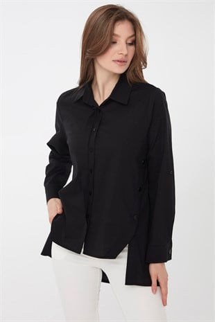 Womens Cotton Shirt with Buttons on sides Black