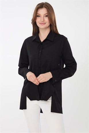 Womens Cotton Shirt with Buttons on sides Black