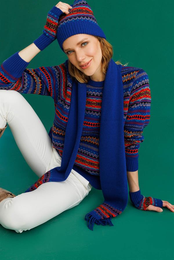 Kadın Kenarları Jakarlı Püsküllü Yün Kaşkol K.S.Mavi