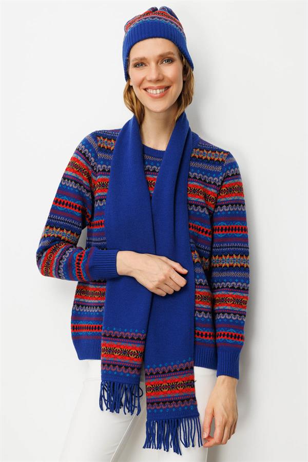 Kadın Kenarları Jakarlı Püsküllü Yün Kaşkol K.S.Mavi