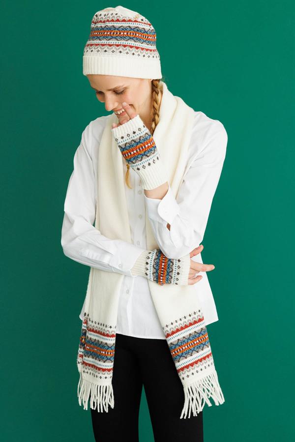 Kadın Kenarları Jakarlı Püsküllü Yün Kaşkol Kemik