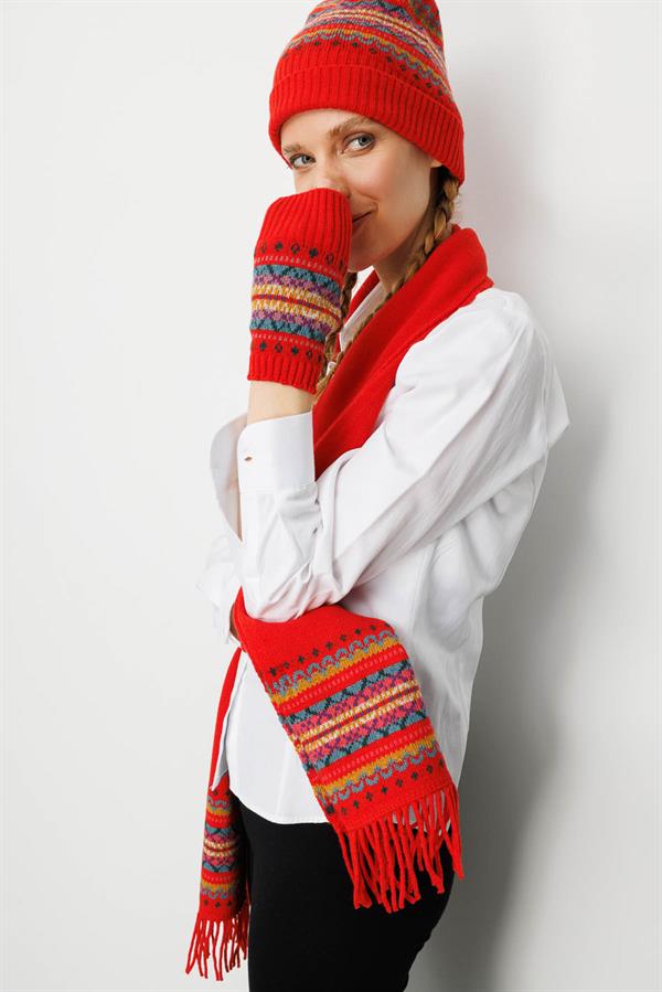 Kadın Kenarları Jakarlı Püsküllü Yün Kaşkol Mercan