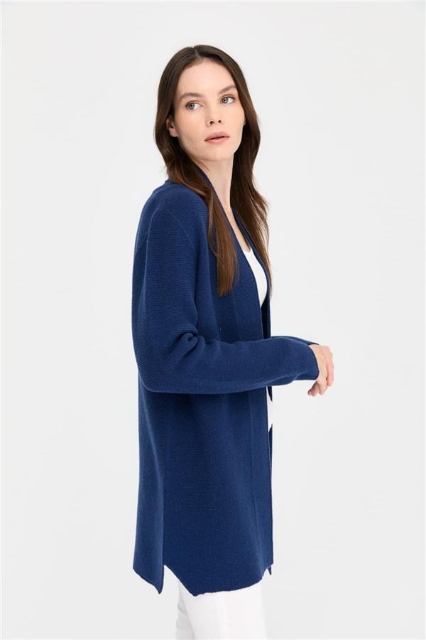 Kadın Kendinden Bantlı Yırtmaçlı Önü Açık Hırka İndigo