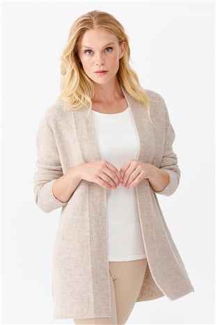 Kadın Kendinden Bantlı Yırtmaçlı Önü Açık Hırka V.Bej