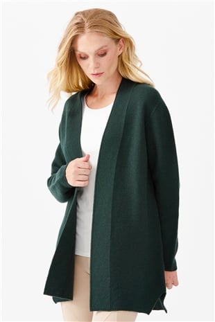 Kadın Kendinden Bantlı Yırtmaçlı Önü Açık Hırka Yeşil