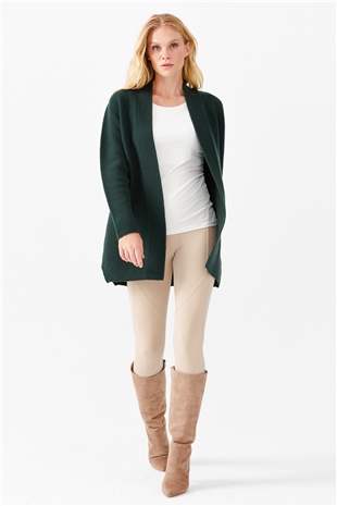 Kadın Kendinden Bantlı Yırtmaçlı Önü Açık Hırka Yeşil