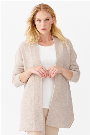 Kadın Kendinden Bantlı Yırtmaçlı Önü Açık Hırka V.Bej