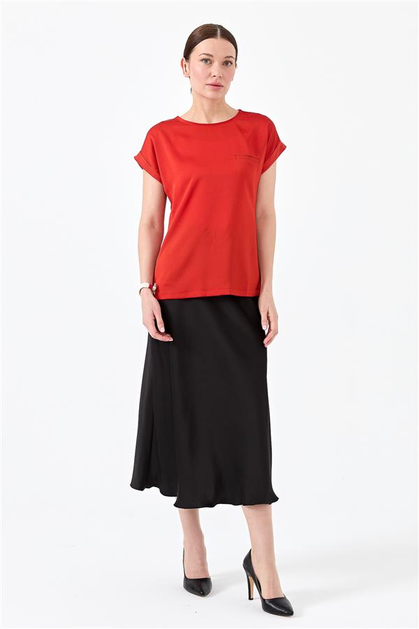 Женская блуза с коротким рукавом и атласным фасадом оранжевая 