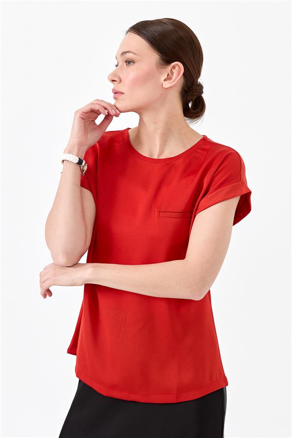 Женская блуза с коротким рукавом и атласным фасадом оранжевая 