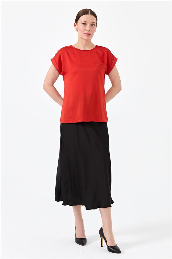 Женская блуза с коротким рукавом и атласным фасадом оранжевая 