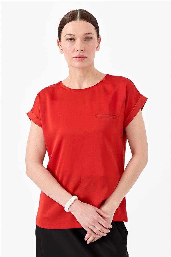 Женская блуза с коротким рукавом и атласным фасадом оранжевая 