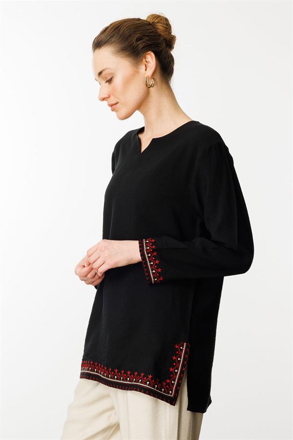 Kadın Kolu ve Eteği Yırtmaçlı Eteği Nakışlı Bluz Siyah