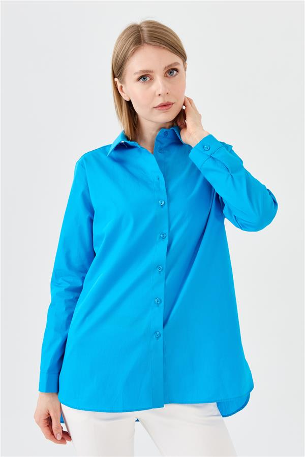 Женская хлопчатобумажная удлиненная рубашка голубая