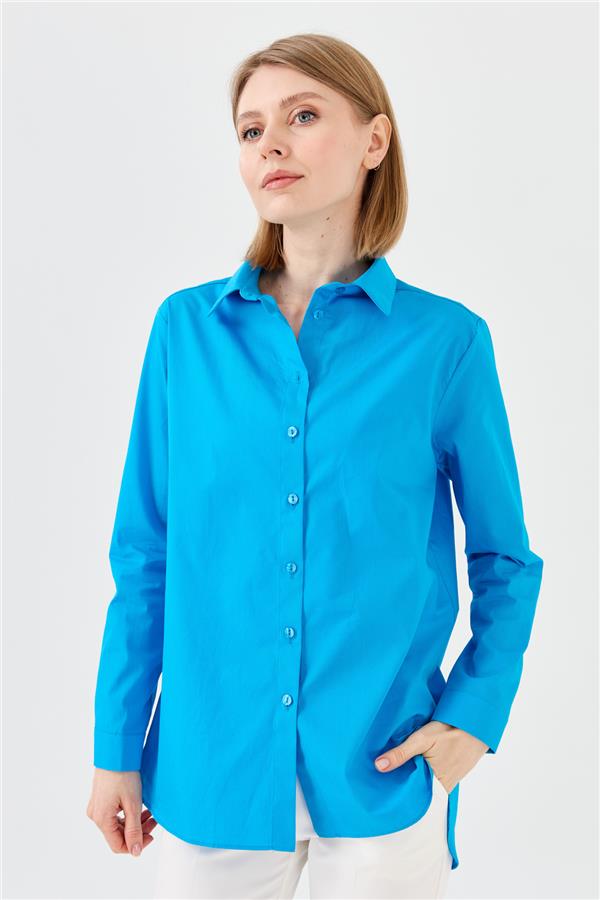 Женская хлопчатобумажная удлиненная рубашка голубая