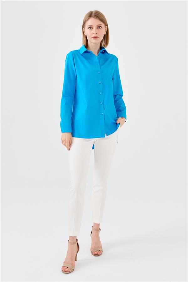 Женская хлопчатобумажная удлиненная рубашка голубая