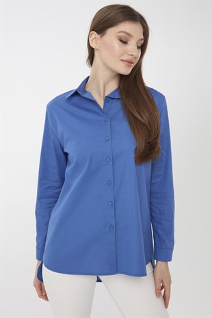 Womens Cotton Long Shirt Sax Blue