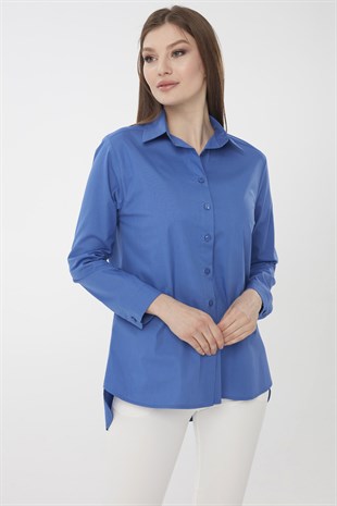 Womens Cotton Long Shirt Sax Blue