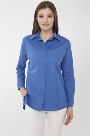 Womens Cotton Long Shirt Sax Blue