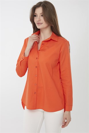 Женская удлиненная рубашка из хлопка оранжевого цвета