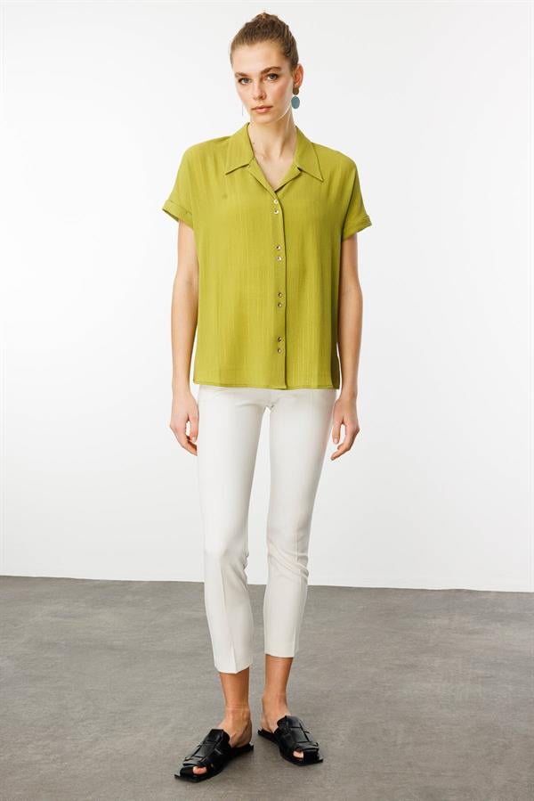 Kadın Krep Kumaş Simli Gömlek F.Yeşil