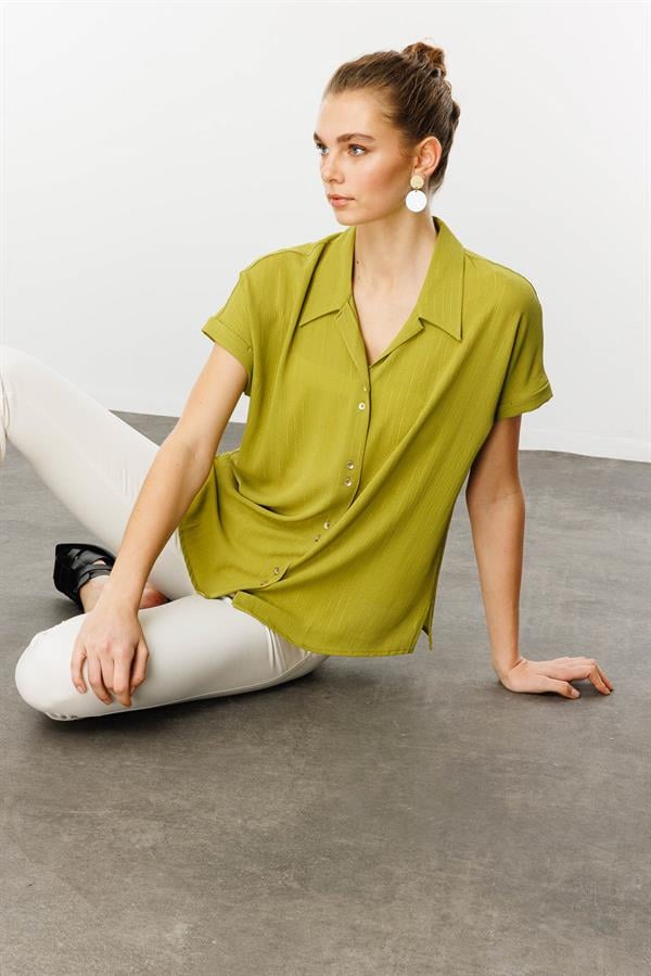 Kadın Krep Kumaş Simli Gömlek F.Yeşil