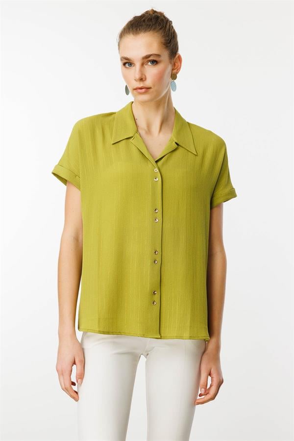 Kadın Krep Kumaş Simli Gömlek F.Yeşil