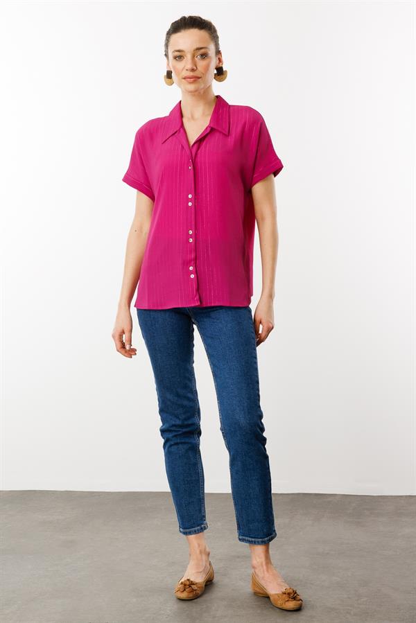 Kadın Krep Kumaş Simli Gömlek Fuşya