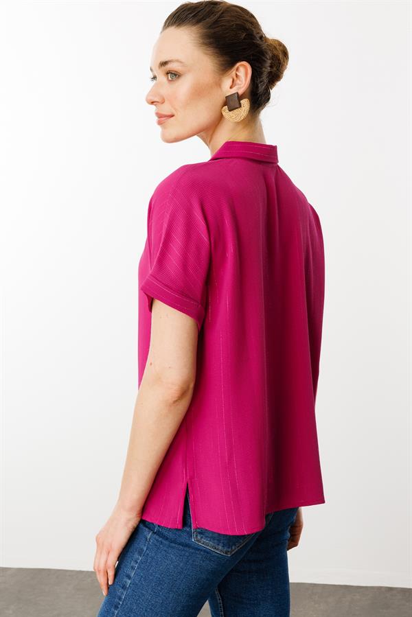 Kadın Krep Kumaş Simli Gömlek Fuşya