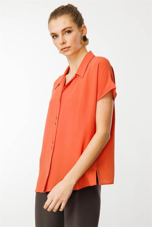 Kadın Krep Kumaş Simli Gömlek Kiremit