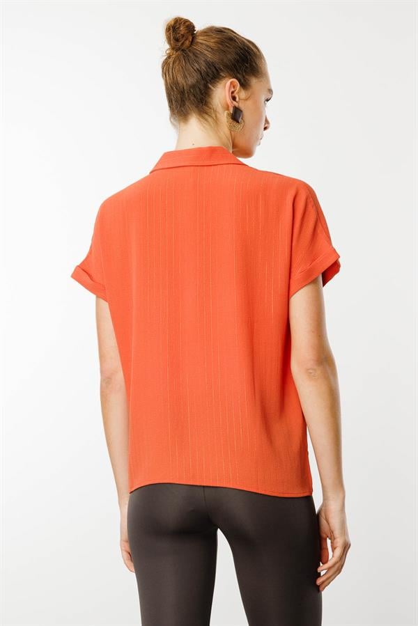 Kadın Krep Kumaş Simli Gömlek Kiremit