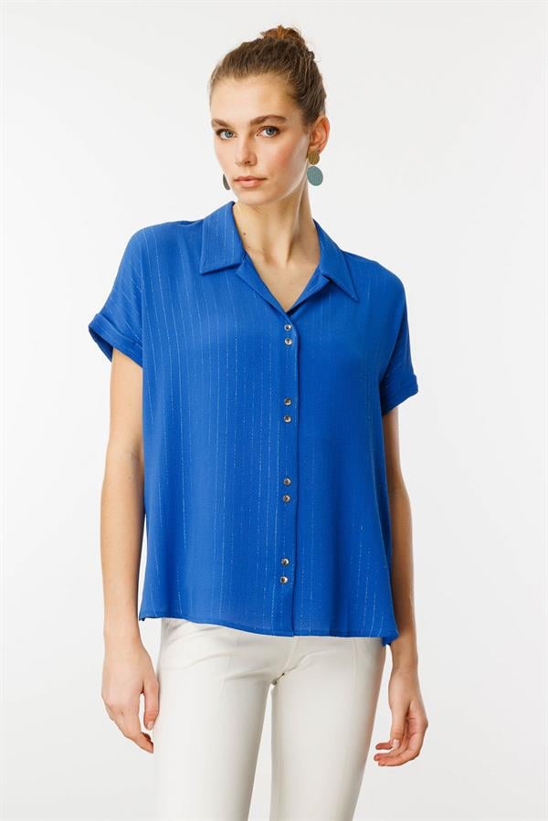Kadın Krep Kumaş Simli Gömlek Mavi