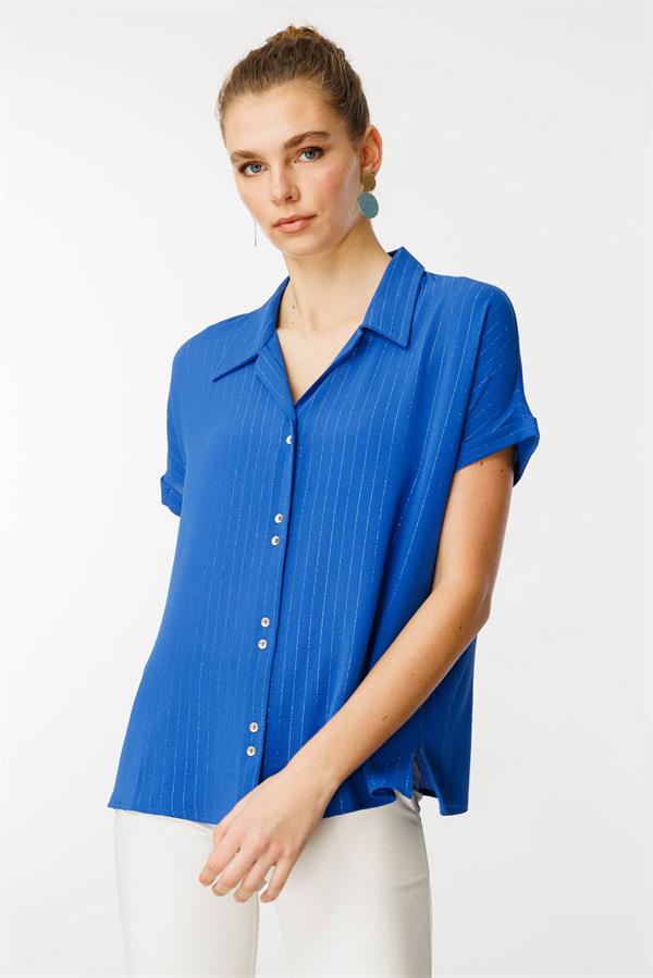 Kadın Krep Kumaş Simli Gömlek Mavi
