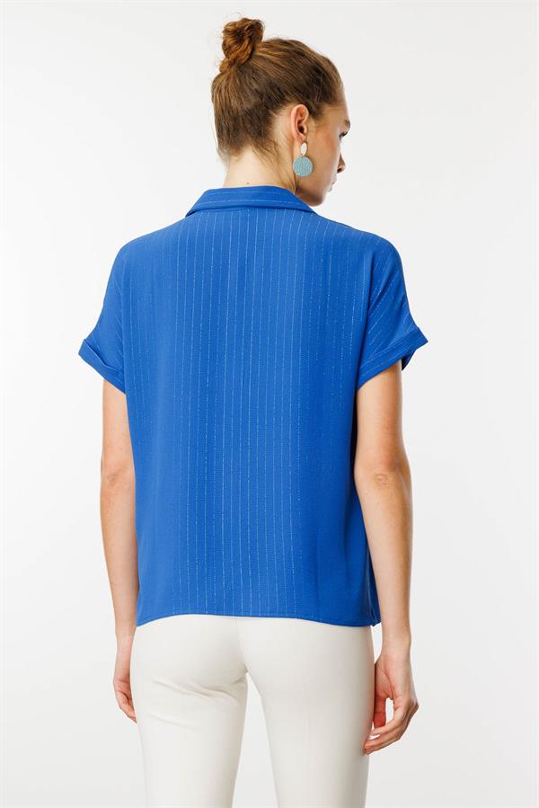 Kadın Krep Kumaş Simli Gömlek Mavi