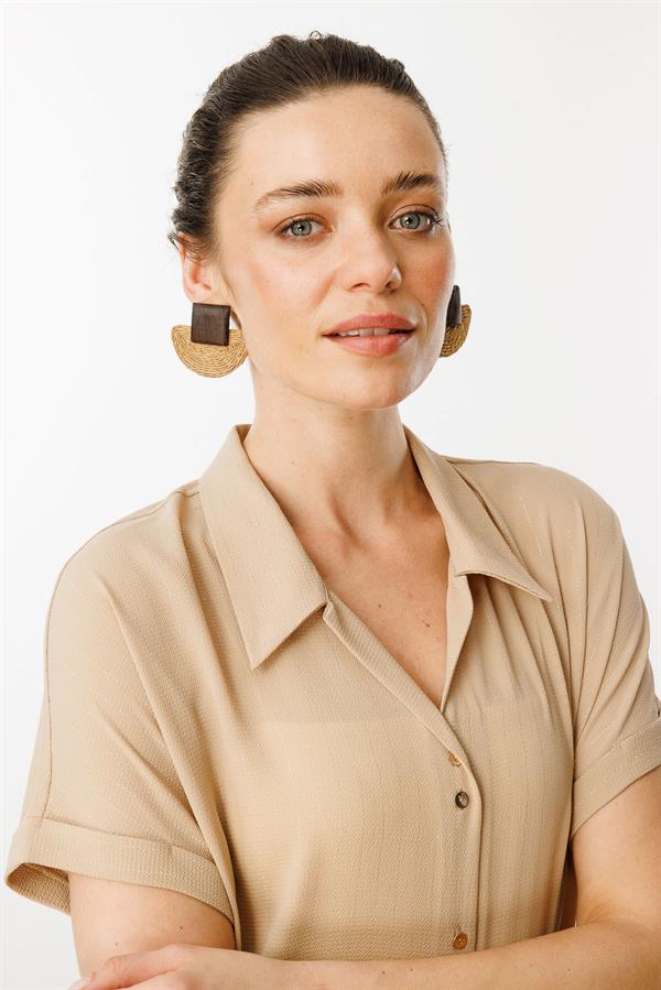 Kadın Krep Kumaş Simli Gömlek Vizon