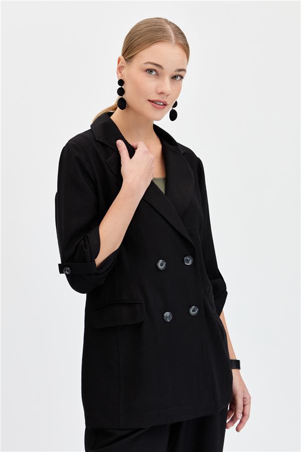 Женская двубортная модель льняной куртки на пуговицах, черная