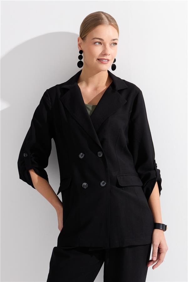 Женская двубортная модель льняной куртки на пуговицах, черная