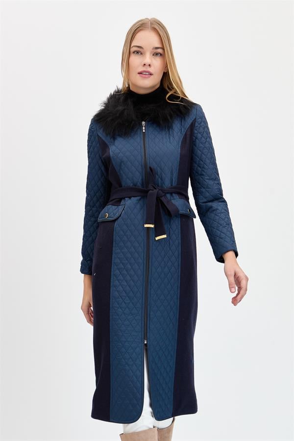 Женская меховая куртка с длинным рукавом темно-синяя