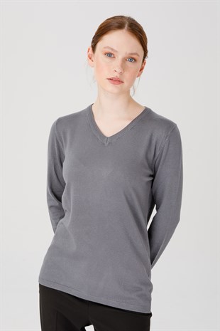 Женская базовая блузка с V-образным вырезом из лайкры серая