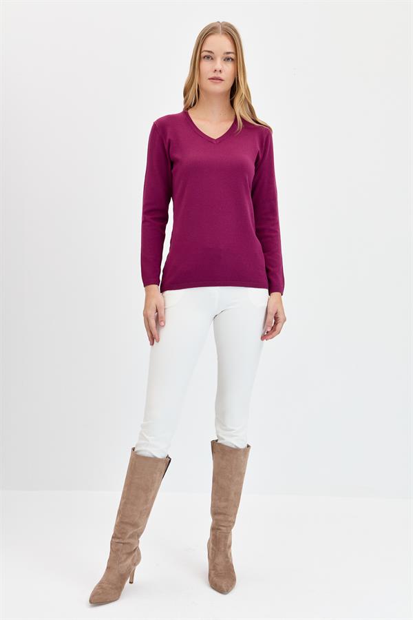 Женская базовая блузка с V-образным вырезом из лайкры цвета сливы